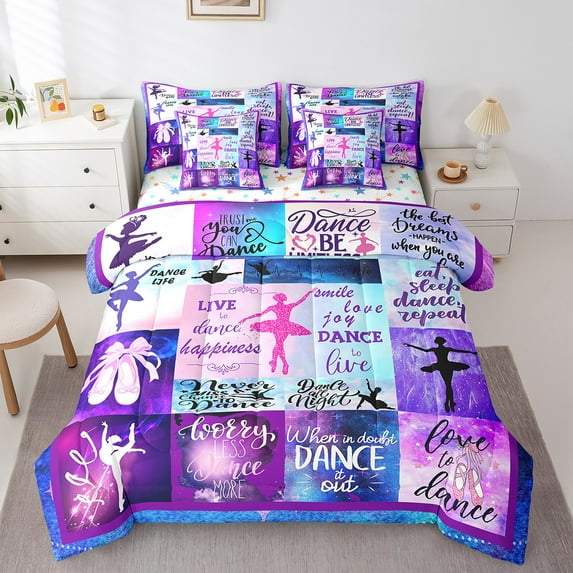 Erosebridal Ballet Girl Bedding King Size,Dance Theme Comforter Sets with Sheets,Patchwork Geometric Plaid Bedding Sets King Size,Ultra Soft Room Decoration Reversible,7pcs