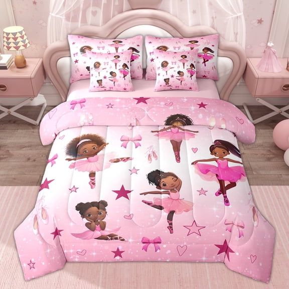 Erosebridal Ballet Princess Bedding Comforter Set for Kids, Kawaii Bow Girl Queen Bedding Sets, 7pcs