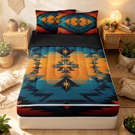 Erosebridal Baroque Aztec Zipper Full Size Comforter Sets with Fitted Sheet and 2 Pillowcases, Victorian Geometric Zipper Bedding Set, Teal Orange, Black Reversible