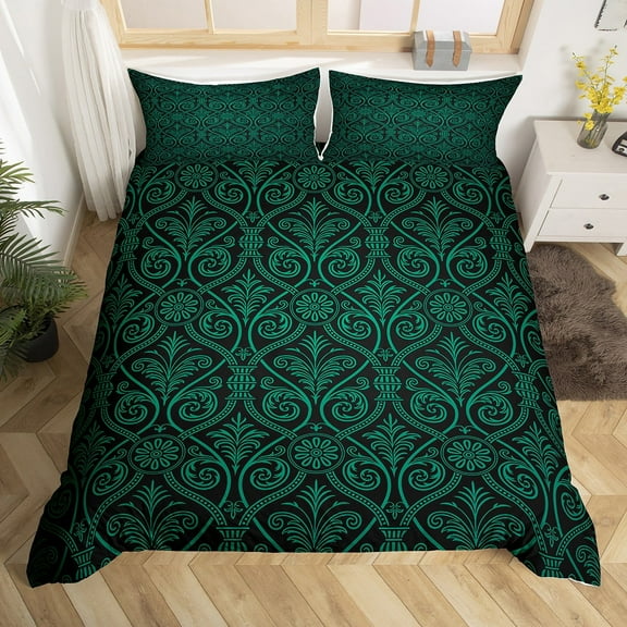 Erosebridal Baroque Damask Comforter Cover Gothic Green Black Ombre Bedding Set King Teen Men,Vintage Victorian Floral Duvet Cover Stylish Modern Geometric Flower Quilt Cover 2 Pillow Cases