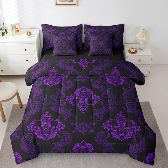 Erosebridal Baroque Gothic Print Bed in a Bag Queen Size,Purple Boho Floral Bed Set,Retro Jacquard Bedding Queen Size,Super Cozy Room Decorative Reversible,7 Pieces