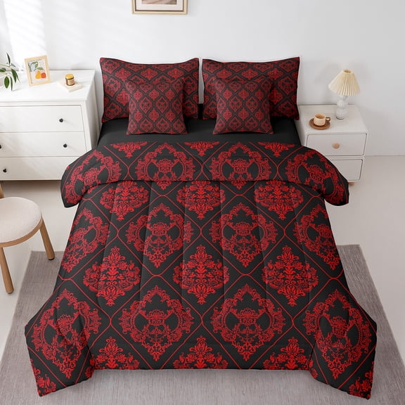 Erosebridal Baroque Gothic Print Bed in a Bag Twin Size,Red Boho Floral Bed Set,Retro Jacquard Bedding Twin Size,Super Cozy Room Decorative Reversible,7 Pieces