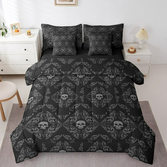 Erosebridal Baroque Gothic Print Bedding Full Size,Black Boho Floral Comforter Sets with Sheets,Holleween Skeleton Bedding Sets Full Size,Super Cozy Room Decorative Reversible,7pcs