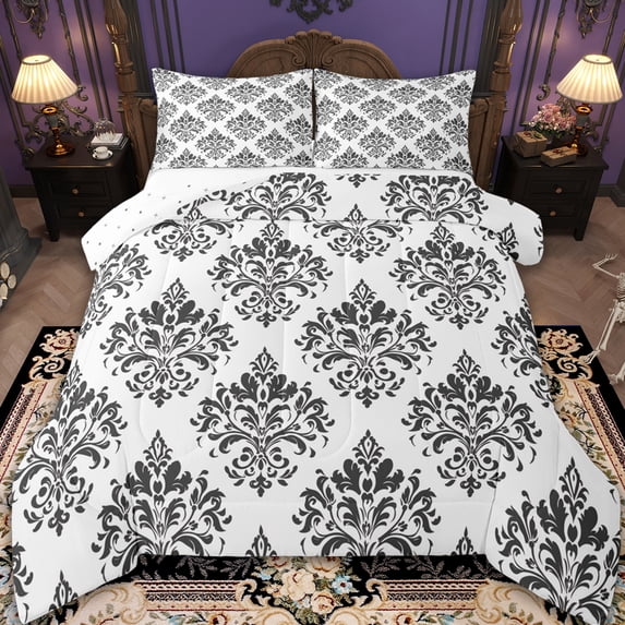 Erosebridal Baroque Gothic Print Bedding King Comforter Set,Blue Boho Floral Down Comforter,White Gray Jacquard Bedding Sets King with Comforter,Super Cozy Room Decorative Reversible,3 Pieces