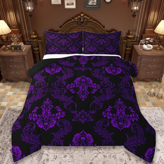 Erosebridal Baroque Gothic Print Bedding Sets Queen with Comforter,Purple Boho Floral Duvet Insert,Retro Jacquard Comforter Sets Queen Size,Super Cozy Room Decorative Reversible,3pcs