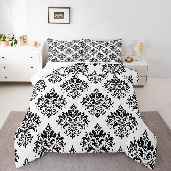 Erosebridal Baroque Gothic Print Bedding Sets Twin with Comforter,Black Boho Floral Duvet Insert,White Black Jacquard Comforter Sets Twin Size,Super Cozy Room Decorative Reversible,2pcs