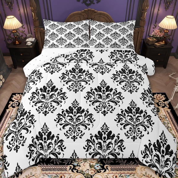 Erosebridal Baroque Gothic Print Bedding Sets Twin with Comforter,Black Boho Floral Duvet Insert,White Black Jacquard Comforter Sets Twin Size,Super Cozy Room Decorative Reversible,2pcs