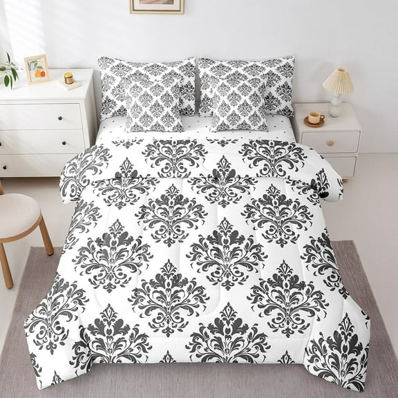Erosebridal Baroque Gothic Print Bedding Sets Twin Size,Blue Boho Floral Comforter Sets with Sheets,White Gray Jacquard Bed in a Bag Twin Size,Super Cozy Room Decorative Reversible,7-Piece