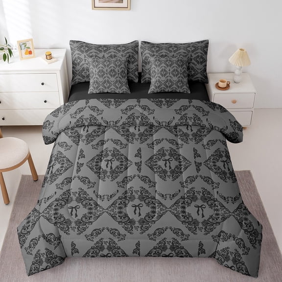 Erosebridal Baroque Gothic Print Bedding Sets Twin Size,Gray Boho Floral Comforter Sets with Sheets,Kawaii Bow Bowtie Bed in a Bag Twin Size,Super Cozy Room Decorative Reversible,7-Piece
