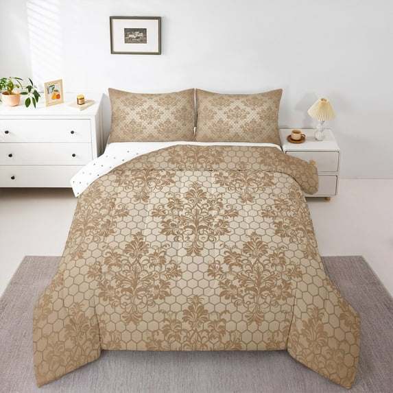 Erosebridal Baroque Gothic Print Comforter Sets King Size,Brown Boho Floral Comforters & Duvets,Modern Geometric Honeycomb Bedding King Comforter Set,Super Cozy Room Decorative Reversible,3-Piece