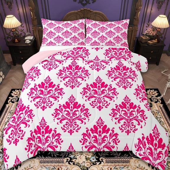 Erosebridal Baroque Gothic Print Comforter Sets Twin Size,Blue Boho Floral Comforters & Duvets,White Pink Jacquard Bedding Twin Comforter Set,Super Cozy Room Decorative Reversible,2-Piece
