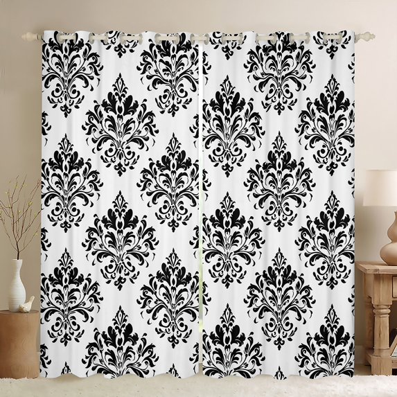 Erosebridal Baroque Gothic Print Curtains and Drapes(42x84),Black Boho Floral Blackout Curtains for Bedroom,White Black Jacquard Curtains Pack of 2(42x84),Super Cozy Room Decorative