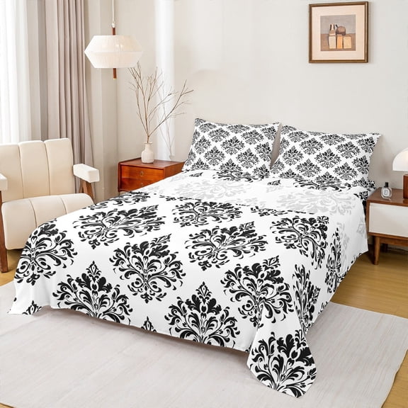 Erosebridal Baroque Gothic Print Twin Sheet Sets,Black Boho Floral Bedding Twin Size,White Black Jacquard Bed Sheets Set Twin Size,Super Cozy Room Decorative,3 Pieces