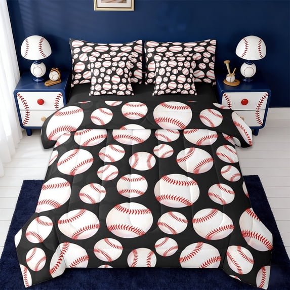 Erosebridal Baseball 7 Pieces Bedding Comforter Set,Ball Sport Theme Full Bedding Set For Boys Kids,Reversible black