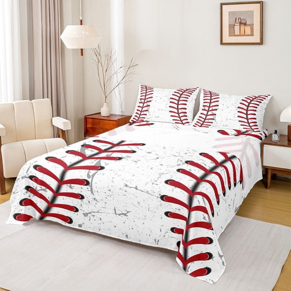 Erosebridal Baseball Bed Sheets ,Red White Baseball Sheet Set ,Grunge Ball Print Bedding Set,Sports Game Fitted Sheet + Top Sheet Soft + 2 Pillowcases Wrinkle Free,Full Size