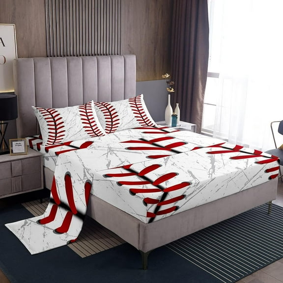 Erosebridal Baseball Bed Sheets,Red White Baseball Sheet Set,Grunge Ball Print Bedding Set,Sports Game Fitted Sheet + Top Sheet Soft + 1 Pillowcase Wrinkle Free,Twin Size