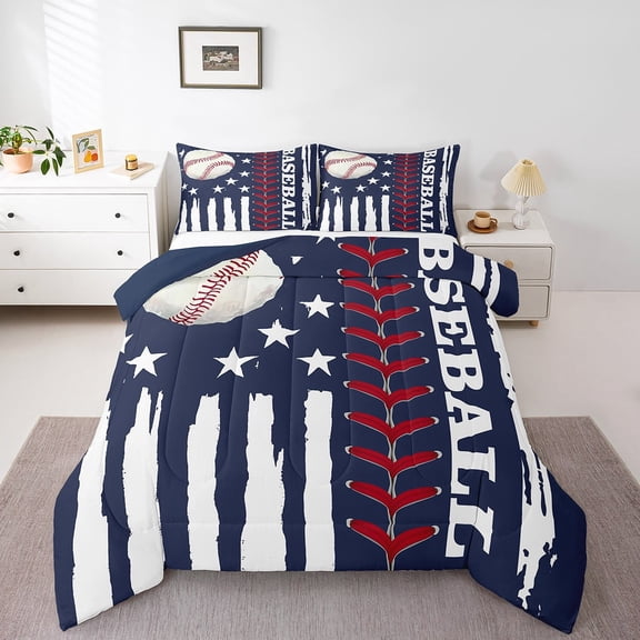 Erosebridal Baseball Bedding Full Comforter Set Teens, American Flag Duvet Insert, Reversible 3pcs