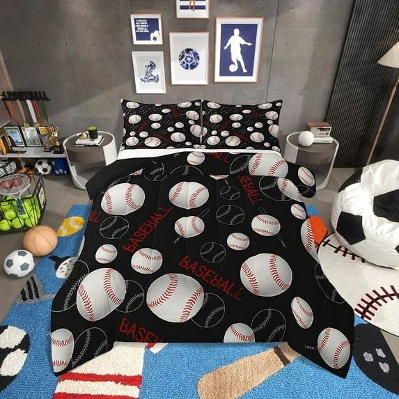 Erosebridal Baseball Bedding Full Comforter Set,Sport Theme Down Comforter,Black Reversible,3pcs