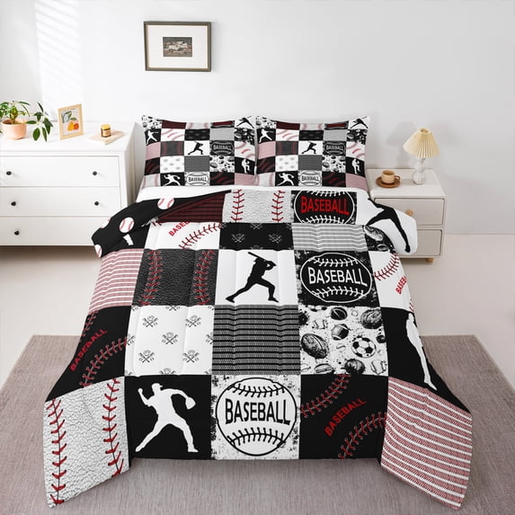 Erosebridal Baseball Comforter Set King,Softball Bedding Set,Sports Game Quilted Comforter Teens Youth,Ball Game Patchwork Down Comforter with 2 Pillowcases,Red Black Gray
