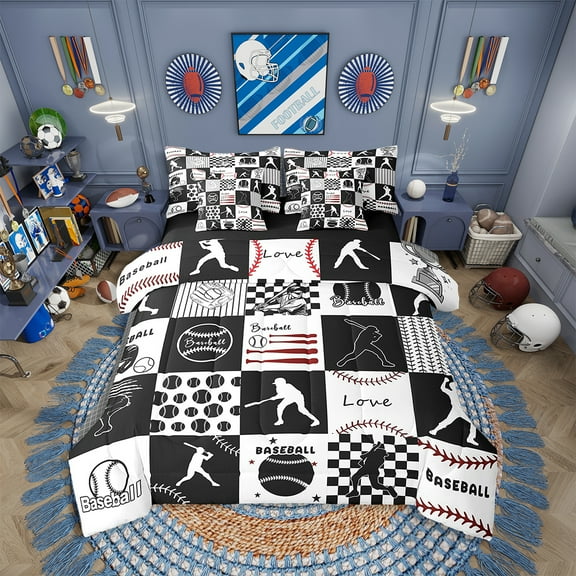 Erosebridal Baseball Comforter Set Twin 7 Pcs Baseball Gaming Softball Ball Games Black White Plaid Bedding Set Sports Theme Bed in a Bag with Comforter,Sheets