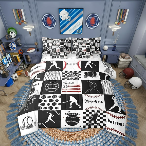 Erosebridal Baseball Comforter Set Twin 7 Pcs Baseball Gaming Softball Ball Games White Black Plaid Bedding Set Sports Theme Bed in a Bag with Comforter,Sheets