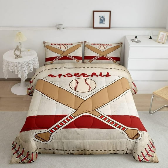 Erosebridal Baseball Comforter Set ,Vintage Ball Game Bedding Set Full Size,Baseball Bat Duvet Insert Lightweight,Red Yellow Sports Game Quilt Comforter with 2 Pillow Cases
