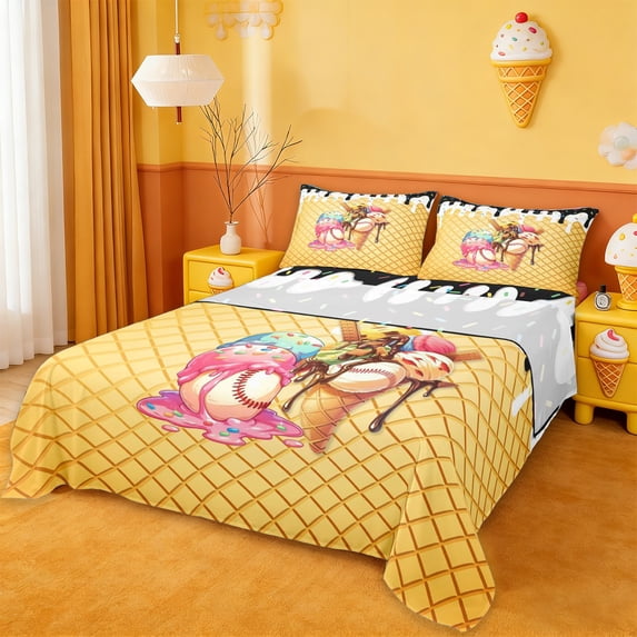 Erosebridal Baseball Cream Kids Full Size Sheets,Abstract Sweet Dessert Bed Sheets For Girls 4 Pieces