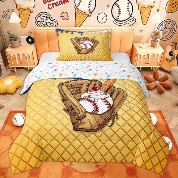 Erosebridal Baseball Donut Kids Twin Comforter Sets, Cartoon Ice Cream Drip Bedding Set, Stars Reversible, 2 Pieces