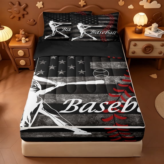 Erosebridal Baseball Gamer Zipper Twin Comforter Sets with Fitted Sheet and 2 Pillowcases,American Flag Sport Art Zipper Bedding Set For Boys,Black Reversible,4 Pieces