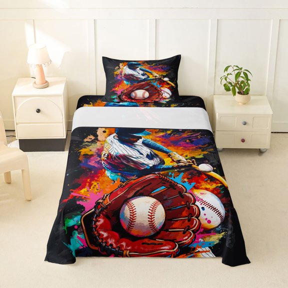 Erosebridal Baseball Gaming Twin Sheet Sets 3pcs for Boys Girls,Kids Teens Sport Theme Graffiti Splash Bedding,Lightweight Room Decor