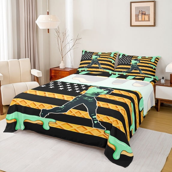 Erosebridal Baseball Green Ice Cream Queen Sheet Sets 4 Pieces for Boys Girls,American Flag Waffle Sport Lover Bed Set for Teens Adults,Breathable Home Decor