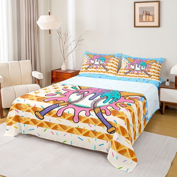 Erosebridal Baseball Ice Cream Drip Full Size Sheets, Waffle US Flag Bed Sheets, 1 Flat Sheet, 1 Fitted Sheet and 2 Pillowcases