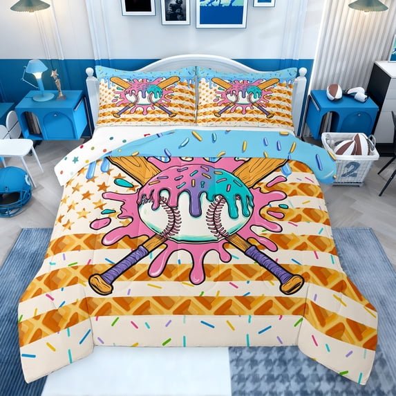Erosebridal Baseball Ice Cream Drip Queen Comforter Set, Waffle US Flag Bedding Comforter Set, Colorful Polka Dots Reversible, 1 Comforter and 2 Pillowcases
