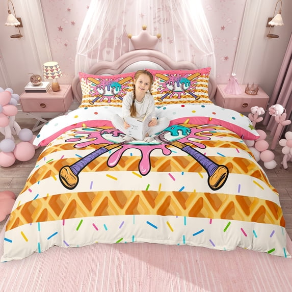 Erosebridal Baseball Ice Cream Drip Queen Duvet Cover Set, Waffle American Flag Bedding, Colorful Polka Dots Reversible, 1 Duvet Cover and 2 Pillowcases (No Comforter)