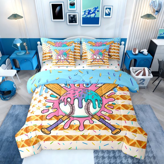 Erosebridal Baseball Ice Cream Drip Twin Bedding Sets, Waffle US Flag Bedding Comforter Set, Colorful Polka Dots Reversible, 7pcs