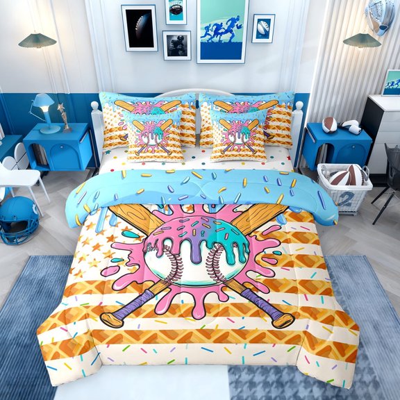 Erosebridal Baseball Ice Cream Drip Twin Bedding Sets, Waffle US Flag Bedding Comforter Set, Colorful Polka Dots Reversible, 7pcs