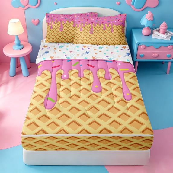 Erosebridal Baseball Ice Cream Drip Zipper Twin Comforter Sets with Fitted Sheet and 2 Pillowcases,Colorful Sweet Dessert Zipper Bedding Set For Girls,Colorful Stars Reversible,4 Pieces