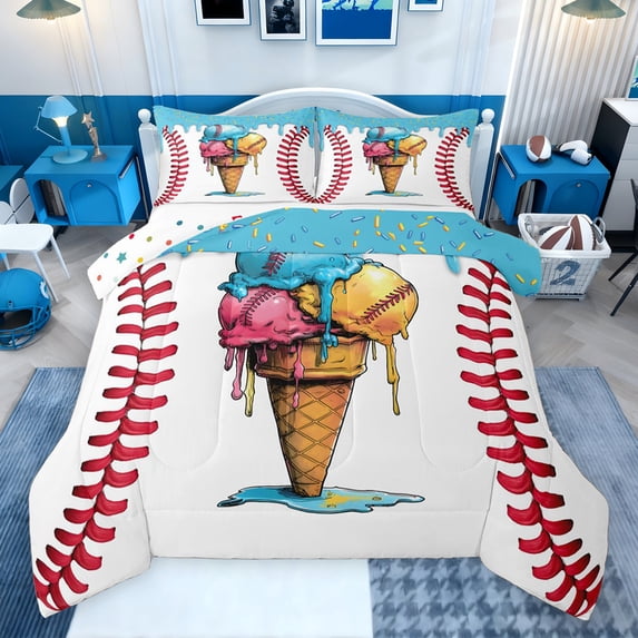 Erosebridal Baseball Ice Cream Full Size Comforter Sets, Kids Sports Bedding Sets, Colorful Polka Dots Reversible, 1 Comforter and 2 Pillowcases
