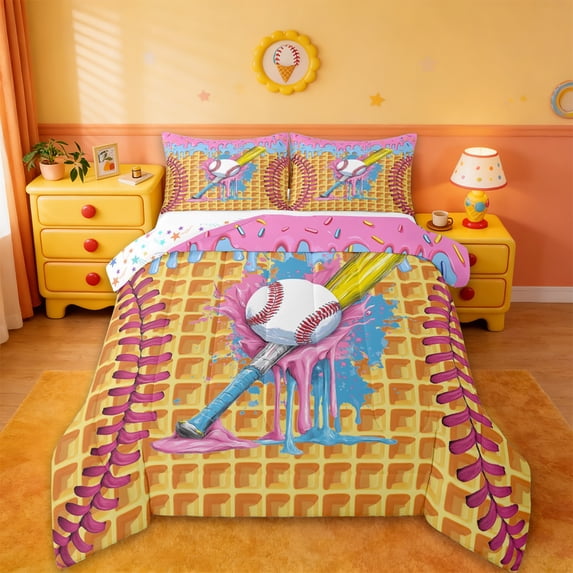 Erosebridal Baseball Ice Cream Full Size Comforter Sets,Sport Ball Game Bedding Sets For Kids Girls,Reversible,3-Piece