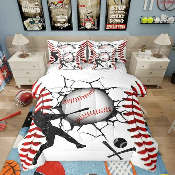Erosebridal Baseball Bedding Set Twin Size Sports Games Print Comforter 7 Pieces ren Player Filed Sheet Set White Patchwork Pattern Flat Sheet Home Decor