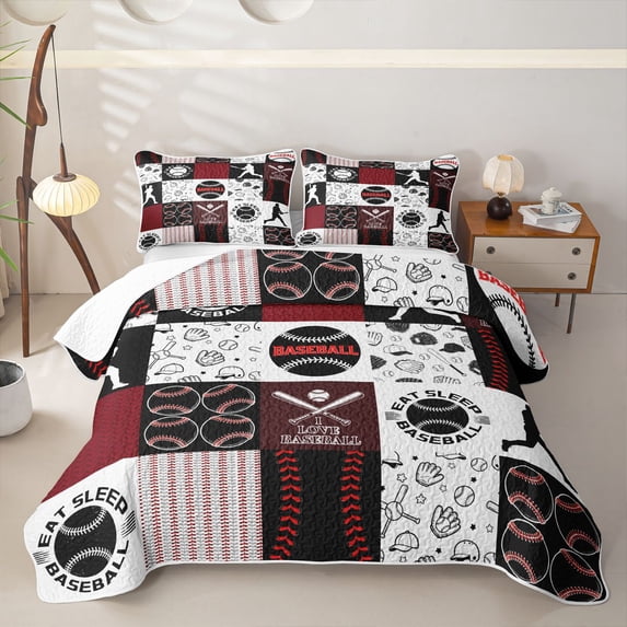 Erosebridal Baseball Patchwork Quilt Full, Red Buffalo Full Bedspread Sets for Men and Women, 3pcs