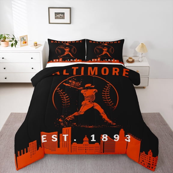 Erosebridal Baseball Player Comforter Sets Queen Size, Eat Sleep Comforters & Duvets, Black Orange Reversible Bedding Queen Comforter Set, Breathable Room Decorative, 3 Pieces
