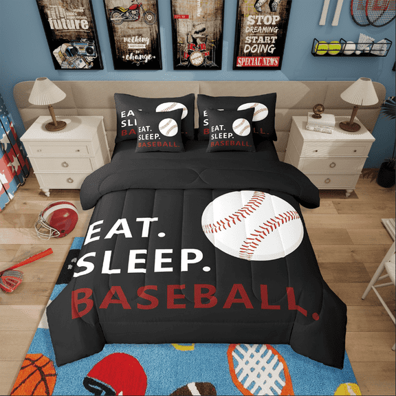 Erosebridal Baseball Print Bedding Sets Twin Size,Sport Ball Comforter Sets With Sheets,Gamer Bedroom Decor,Reversible,Breathable,7Pcs