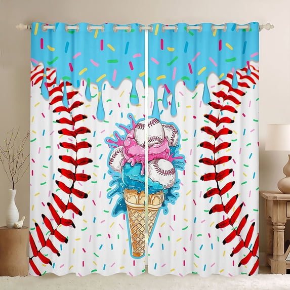 Erosebridal Baseball Print Blackout Curtains Set of 2 (52x84 Each) For Kids Boys Girls,Teens Sport Theme Ice Cream Drip Window Curtains,Blue Pink
