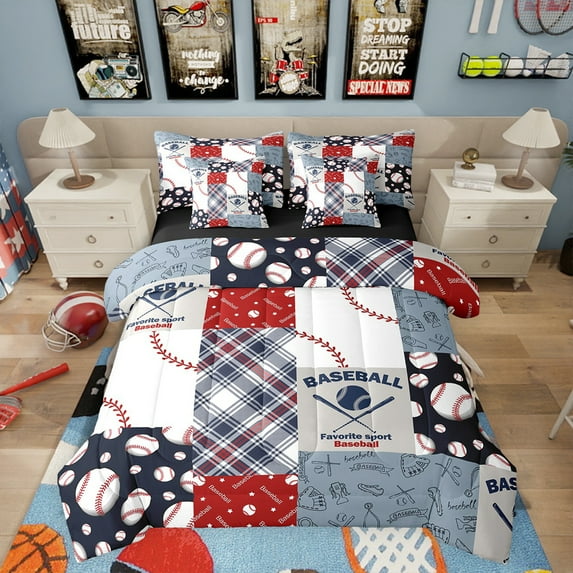 Erosebridal Baseball Print Comforter 7 Pieces King Size Sports Games Bedding Set Ball Gaming Themed Sheet Set Patchwork Geometric Grid Fitted Sheet Bedroom Decor,Blue Red White