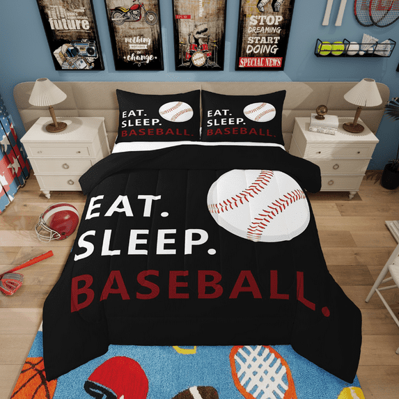 Erosebridal Baseball Print Comforter Sets Queen Size,Sport Ball Bedding Queen Comforter Set,Gamer Bedroom Decor,Reversible,3Pcs