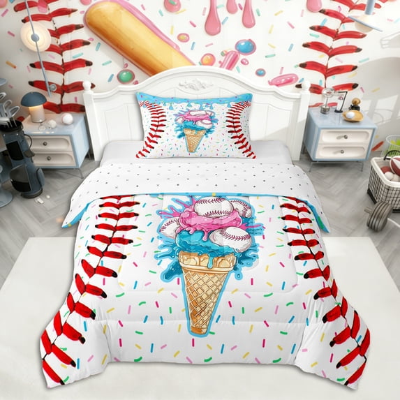 Erosebridal Baseball Print Twin Comforter Sets 3-Piece For Kids Boys Girls,Teens Sport Theme Ice Cream Drip Bedding Set,Blue Pink,Microfiber Bedroom Decor