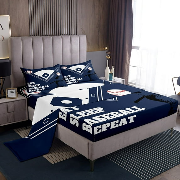 Erosebridal Baseball Sheet Set Full for Teens, Ball Print Bedding Sets Full Size, Eat Sleep Decor 4pcs