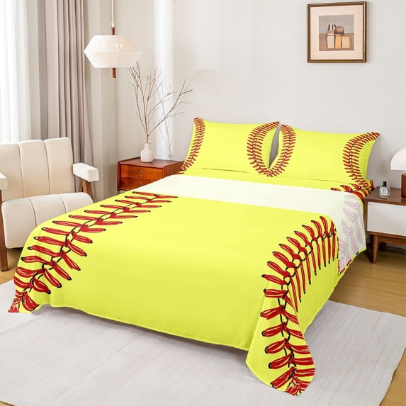 Erosebridal Baseball Softball Queen Sheet Sets for Kids, Sport Game Bed Set, 1 Flat Sheet, 1 Fitted Sheet and 2 Pillowcases