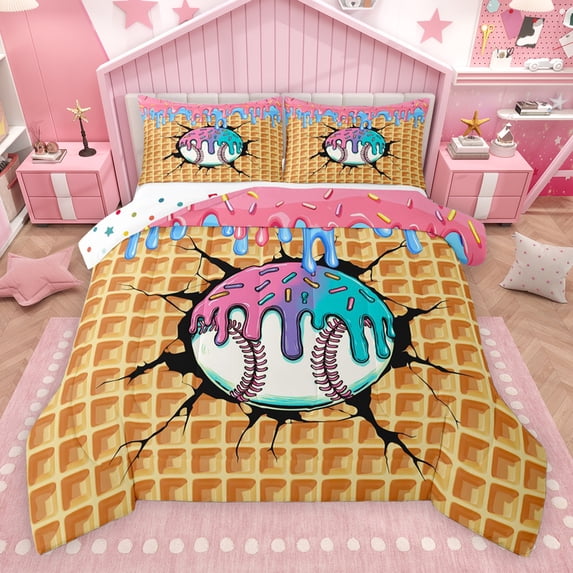 Erosebridal Baseball Sport Queen Comforter Set for Kids Boys Girls, Ice Cream Drip Waffle Bedding Comforter Set, Colorful Polka Dots Reversible, 1 Comforter and 2 Pillowcases